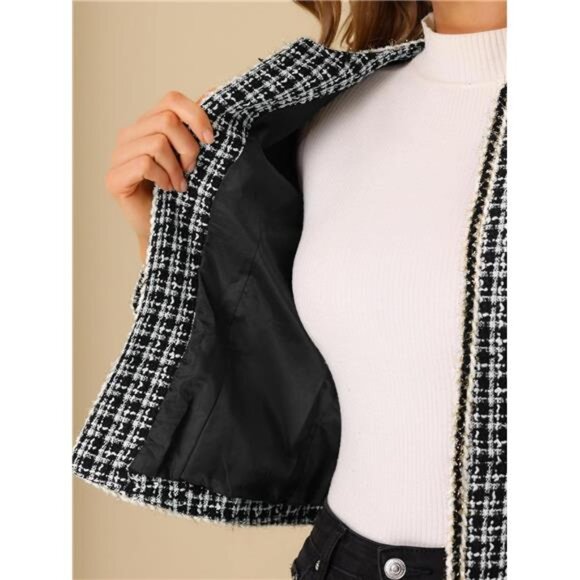 COPY - Women's Plaid Tweed Blazer: Long Sleeve Open Front Office Jacket - Picture 5 of 7